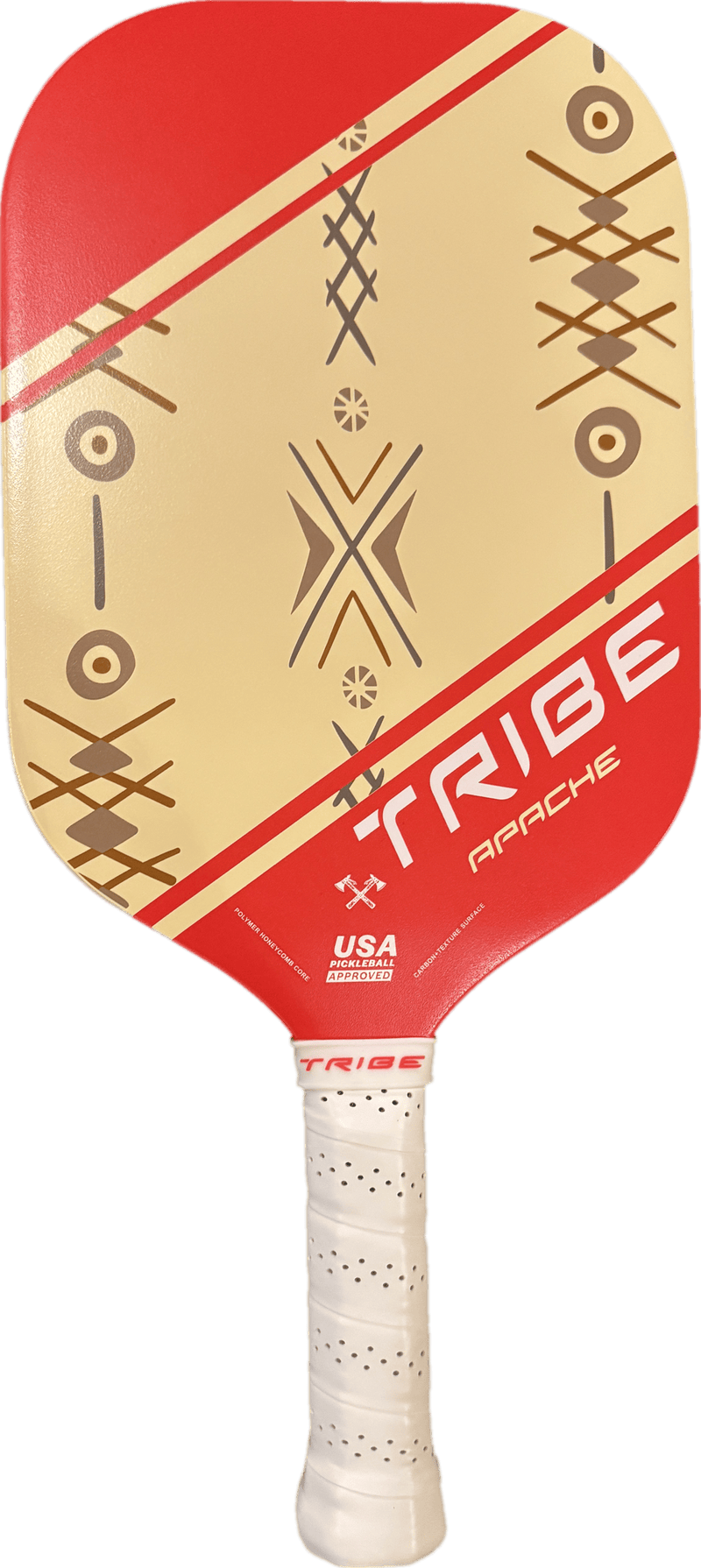 The TRIBE Apache pickleball paddle with cream geometric artwork and red accents