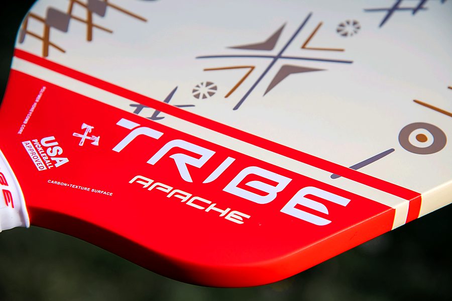 Close-up of the Apache's edgeless perimeter, TRIBE wordmark and USA Pickleball approved mark